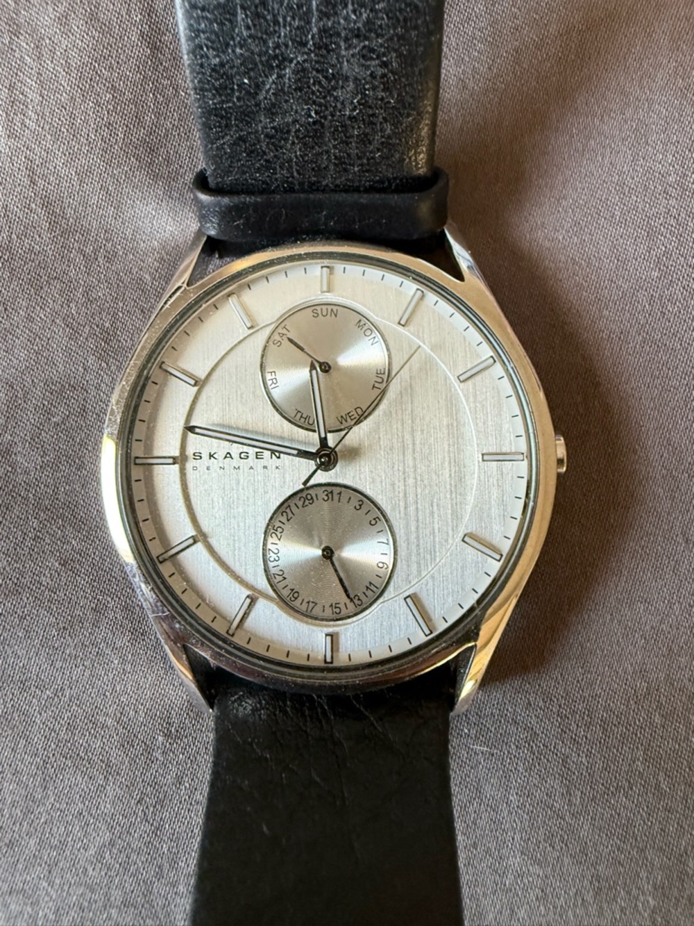 Skagen Silver Dial Black Leather Strap Multi-Function Watch